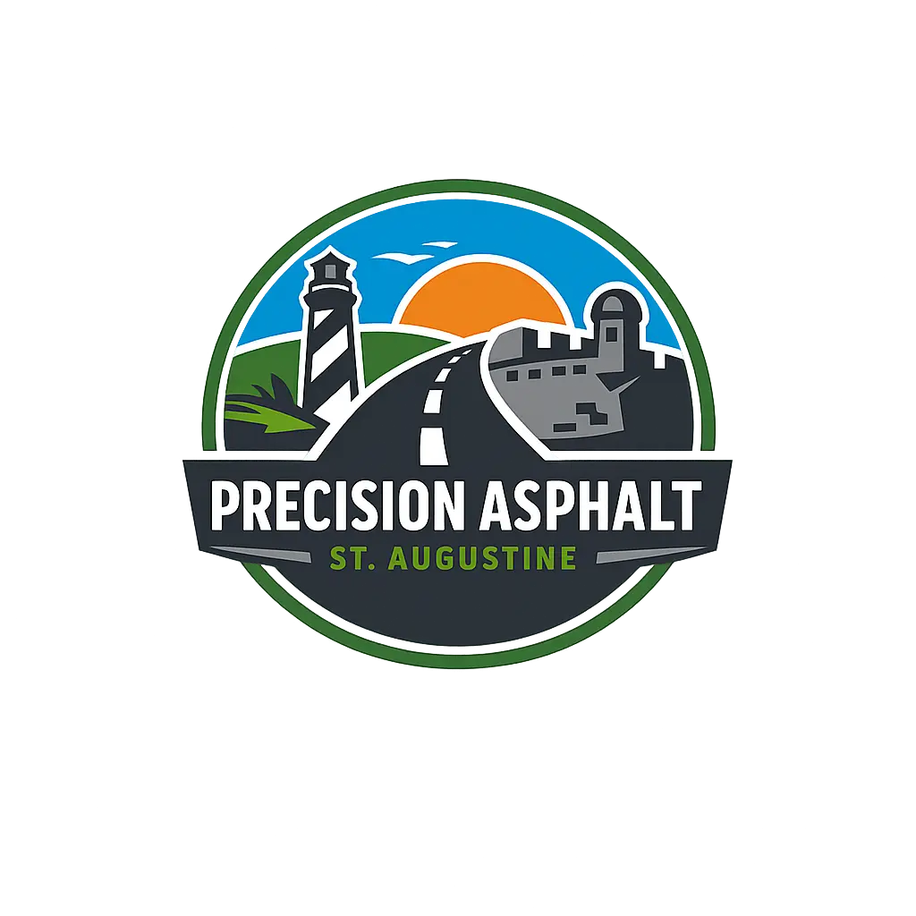 Precision Asphalt St. Augustine logo with lighthouse, roadway, historic fort, and sunset design